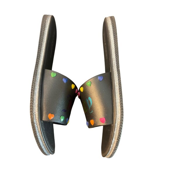 Juicy Couture Black Slides Rainbow Heart Logo Silver Glitter Pride Size 7.5 - Picture 4 of 8
